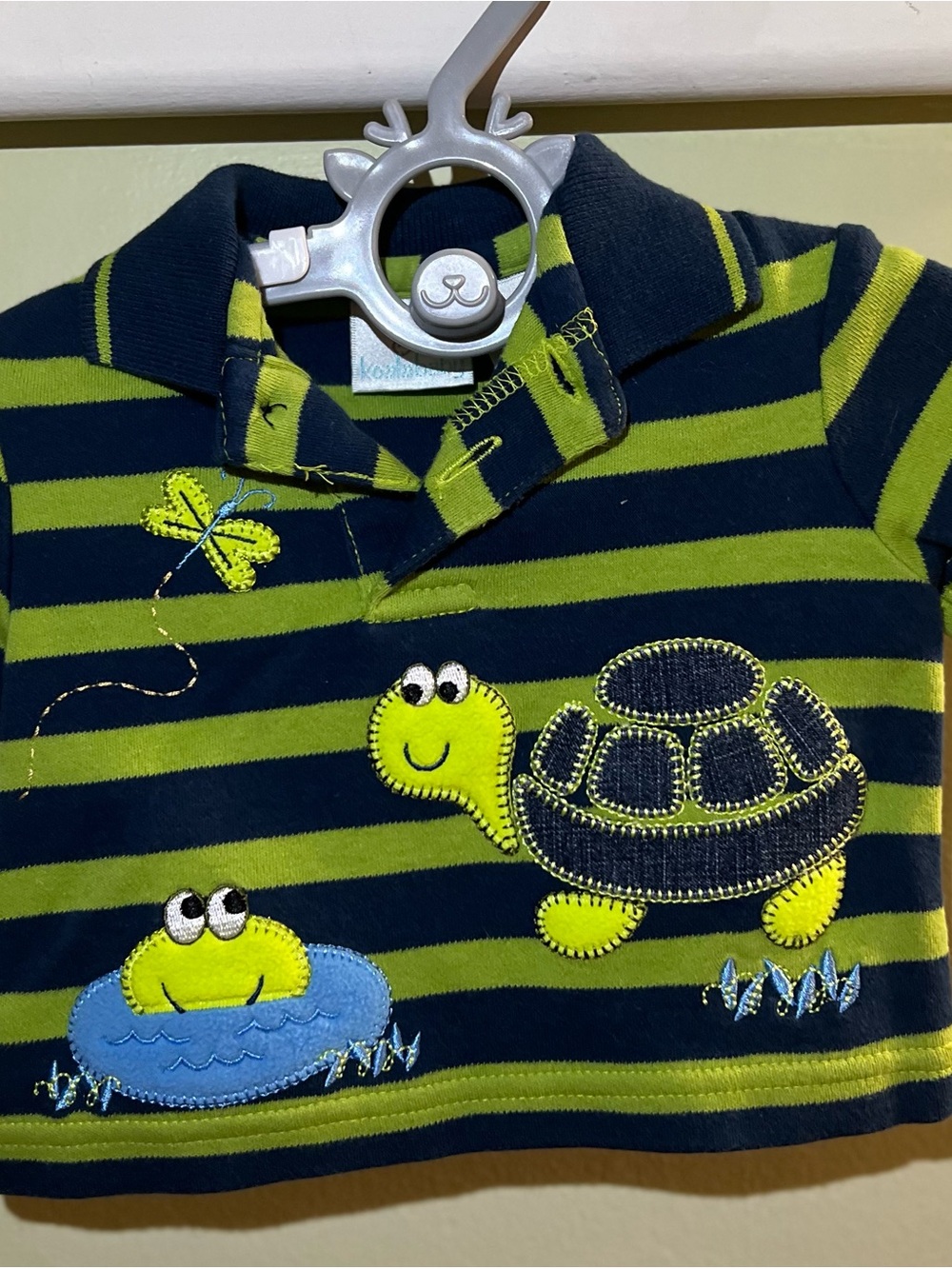 Vintage - Newborn Striped Green & Navy Turtle Appliqué Polo Shirt